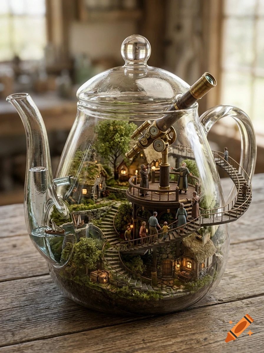 A detailed miniature village with tiny figures, houses, and a telescope built inside a transparent glass teapot.