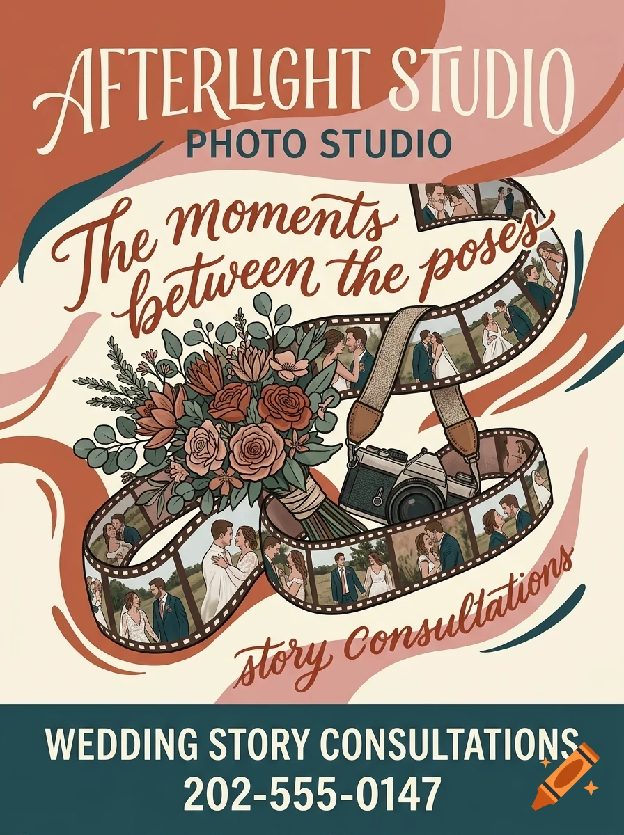 An illustrated wedding poster featuring a camera, a film strip with couples, a bouquet, and lettering reading Afterlight Studio.