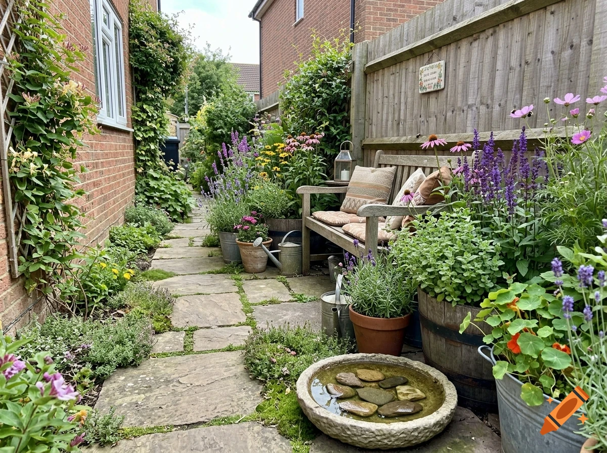 A narrow stone pathway winds through a lush garden alley with a wooden bench, potted flowers, and a birdbath.