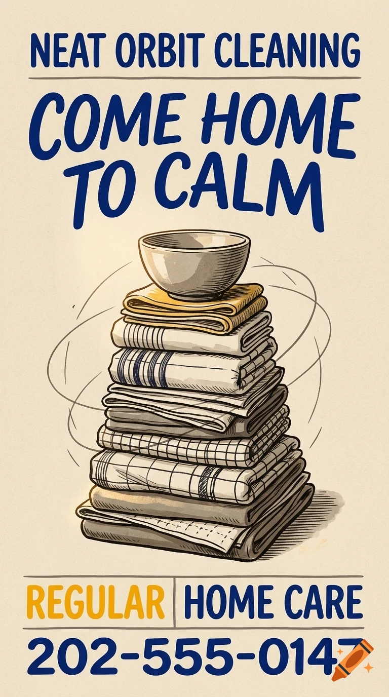 An advertisement for Neat Orbit Cleaning featuring a neat stack of folded clothes and a bowl with text reading Come home to calm.