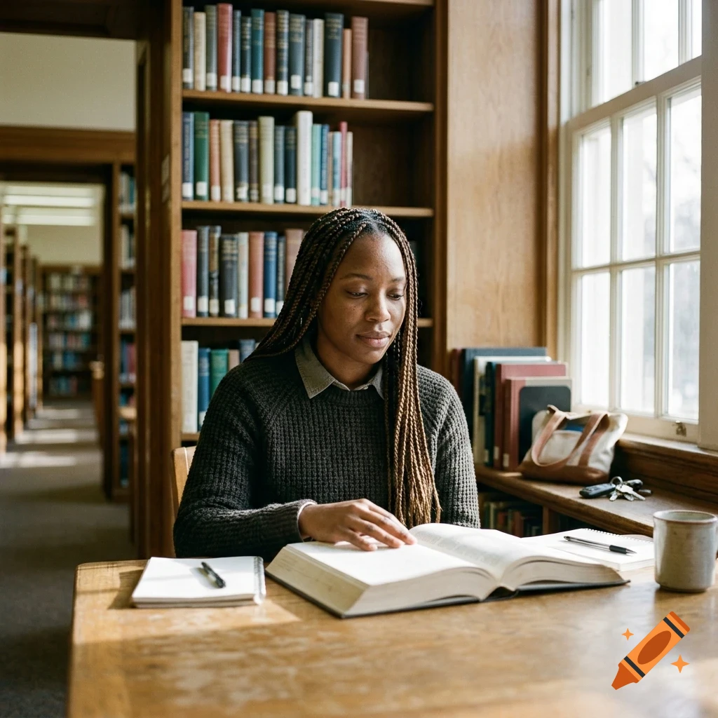 A woman with braided hair sits at a wooden table in a library, reading an open book.