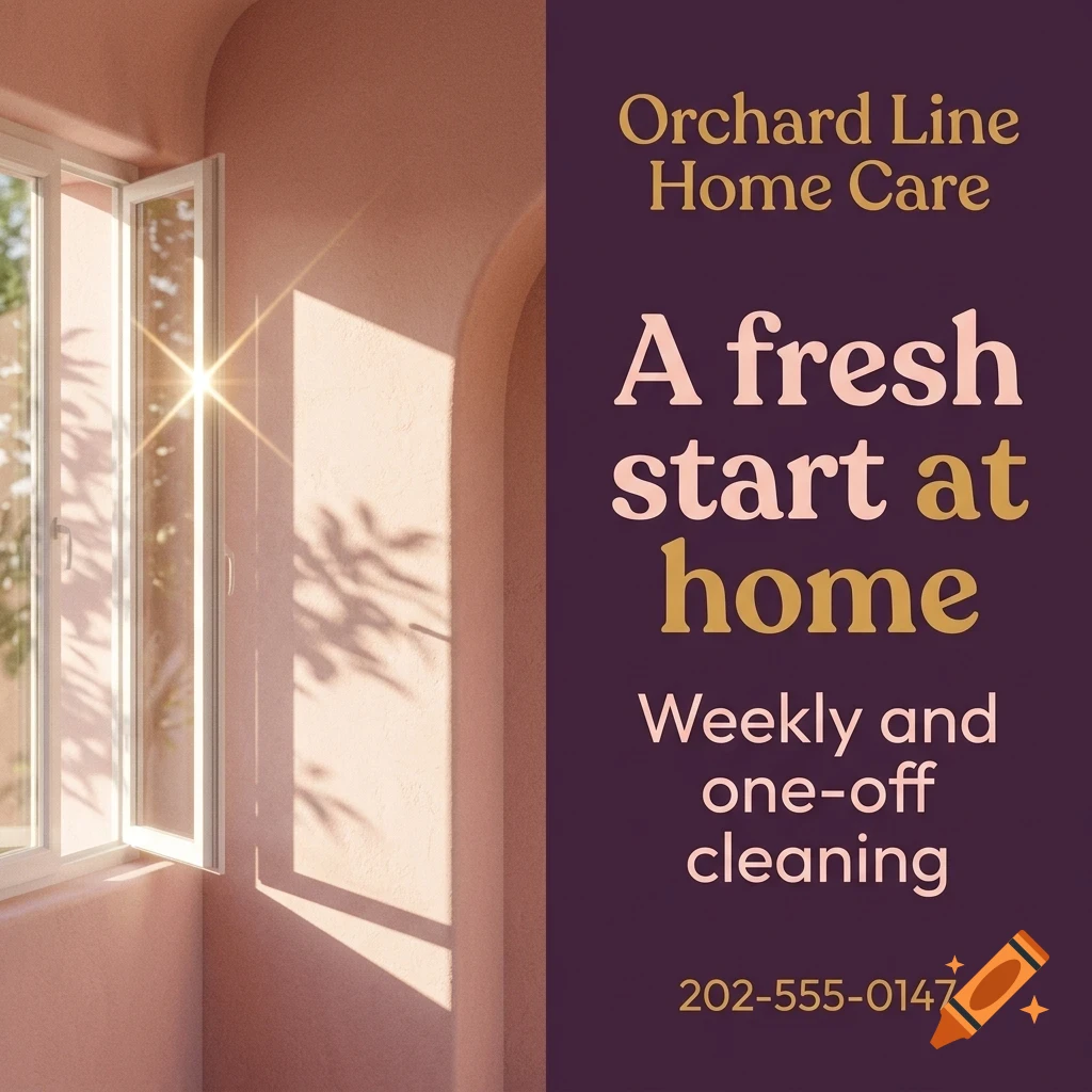An advertisement for Orchard Line Home Care featuring an open window with sunlight on a pink wall next to text on a dark purple background.