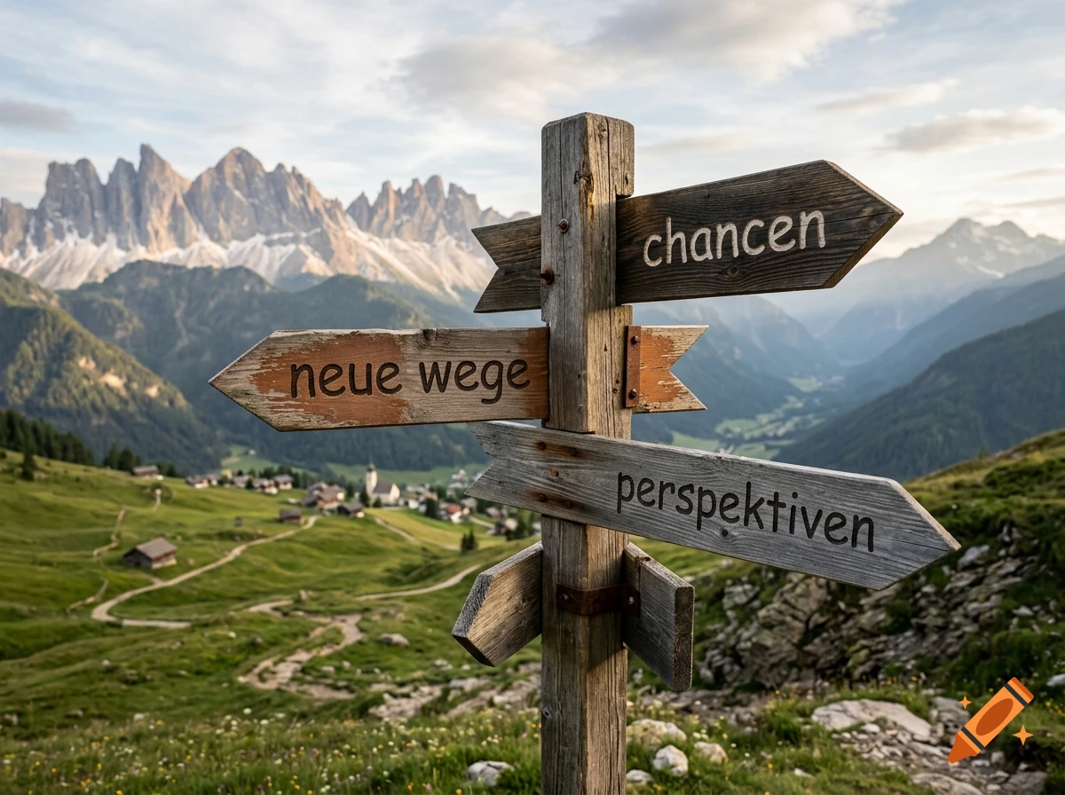 Photorealistic alpine landscape featuring a wooden signpost with German text pointing toward mountains.