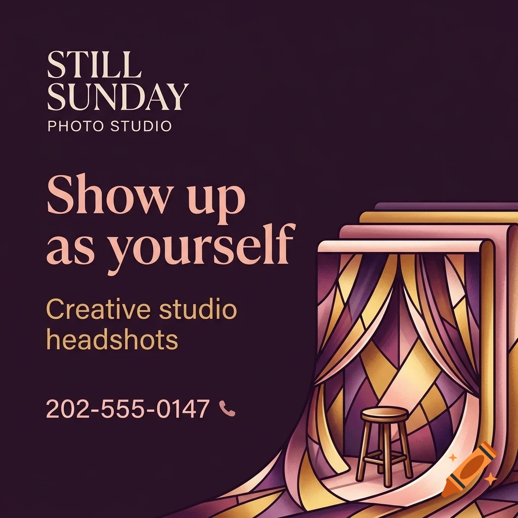 An advertisement for a photo studio featuring a stool on a stylized backdrop and text that reads Still Sunday Photo Studio.