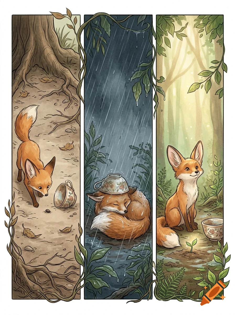 Illustration in three vertical panels showing a fox exploring near a teacup, sleeping in the rain with a cup on its head, and sitting in a sunny forest next to a glowing sprout.