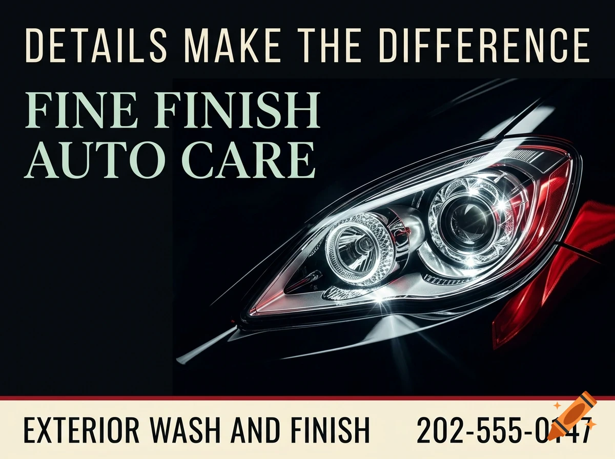 An advertisement for Fine Finish Auto Care featuring a close-up of a modern car headlight and text.