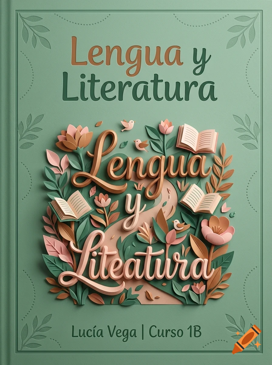 A book cover for 'Lengua y Literatura' in green, featuring 3D papercraft style lettering, flowers, small birds, and open books.