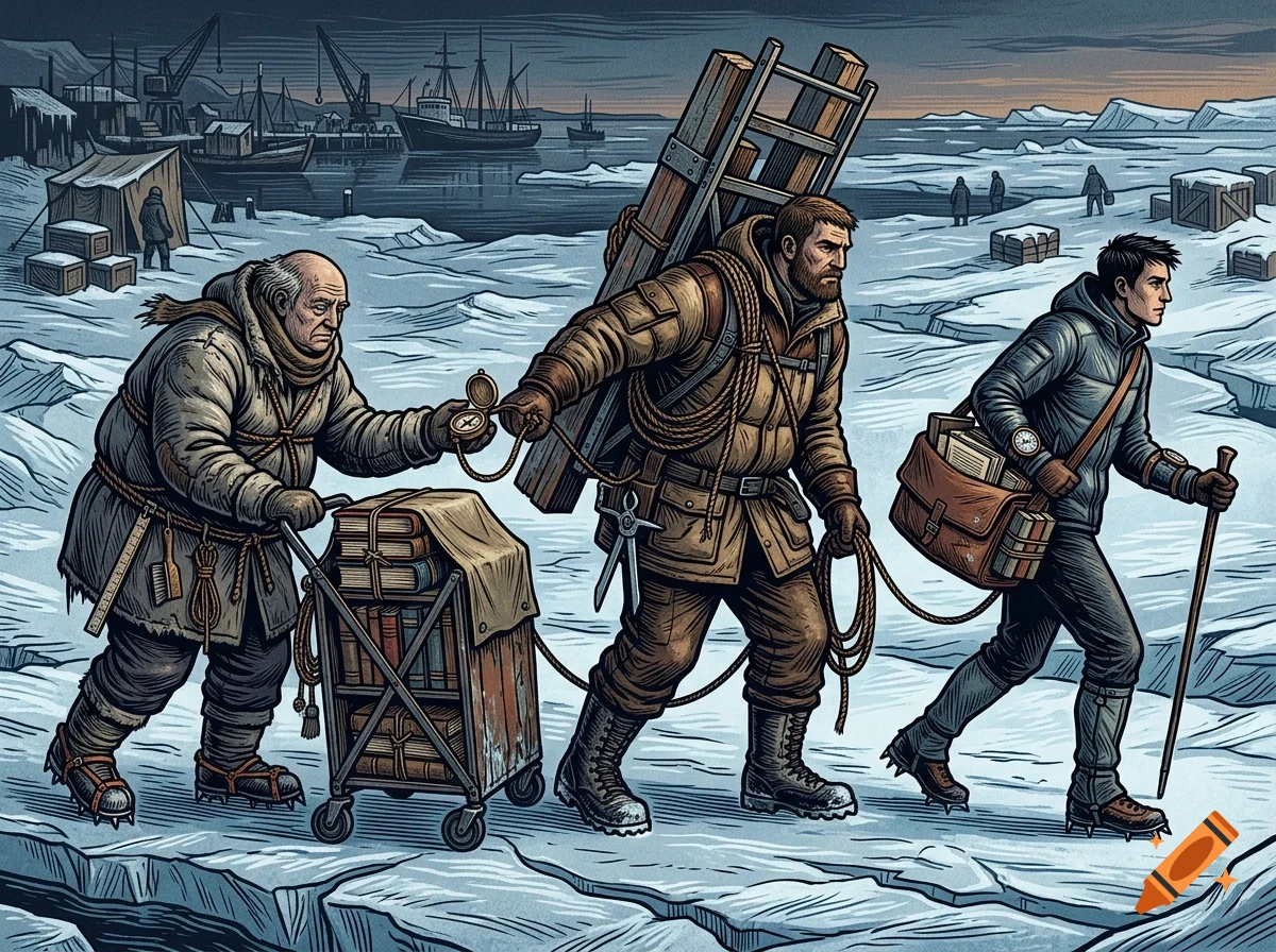 Three men in heavy winter gear traverse a snowy landscape with ice formations, pulling a cart of books, carrying supplies, and looking toward a harbor.