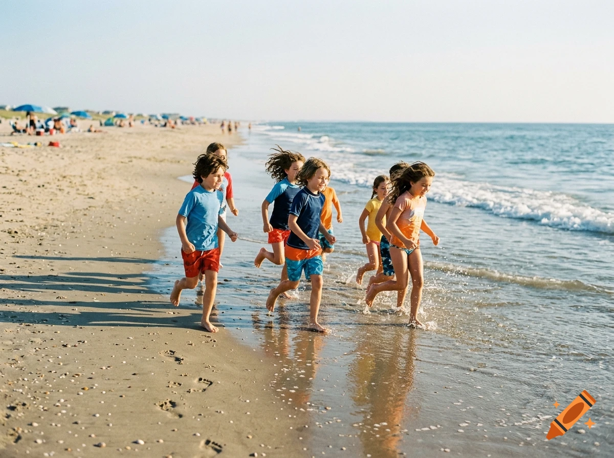 Several children running and splashing in the surf on a sandy beach on a sunny day, photorealistic.