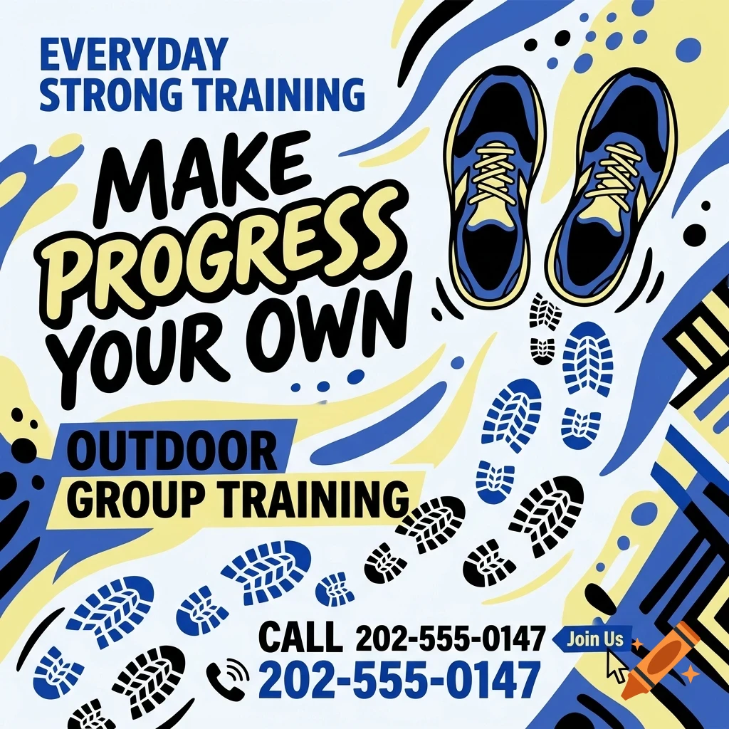 An illustration with blue and yellow abstract shapes, sneakers, footprints, and text reading 'Everyday Strong Training' and 'Make progress your own'.