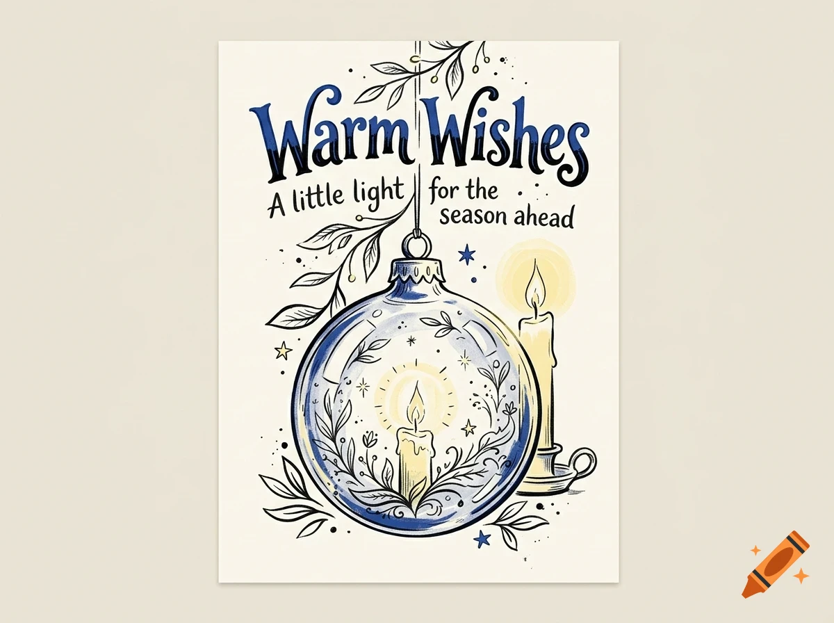 An illustration of a holiday greeting card featuring the text "Warm Wishes" and "A little light for the season ahead" with a glass ornament enclosing a lit candle, alongside a second lit candle and delicate botanical line drawings.