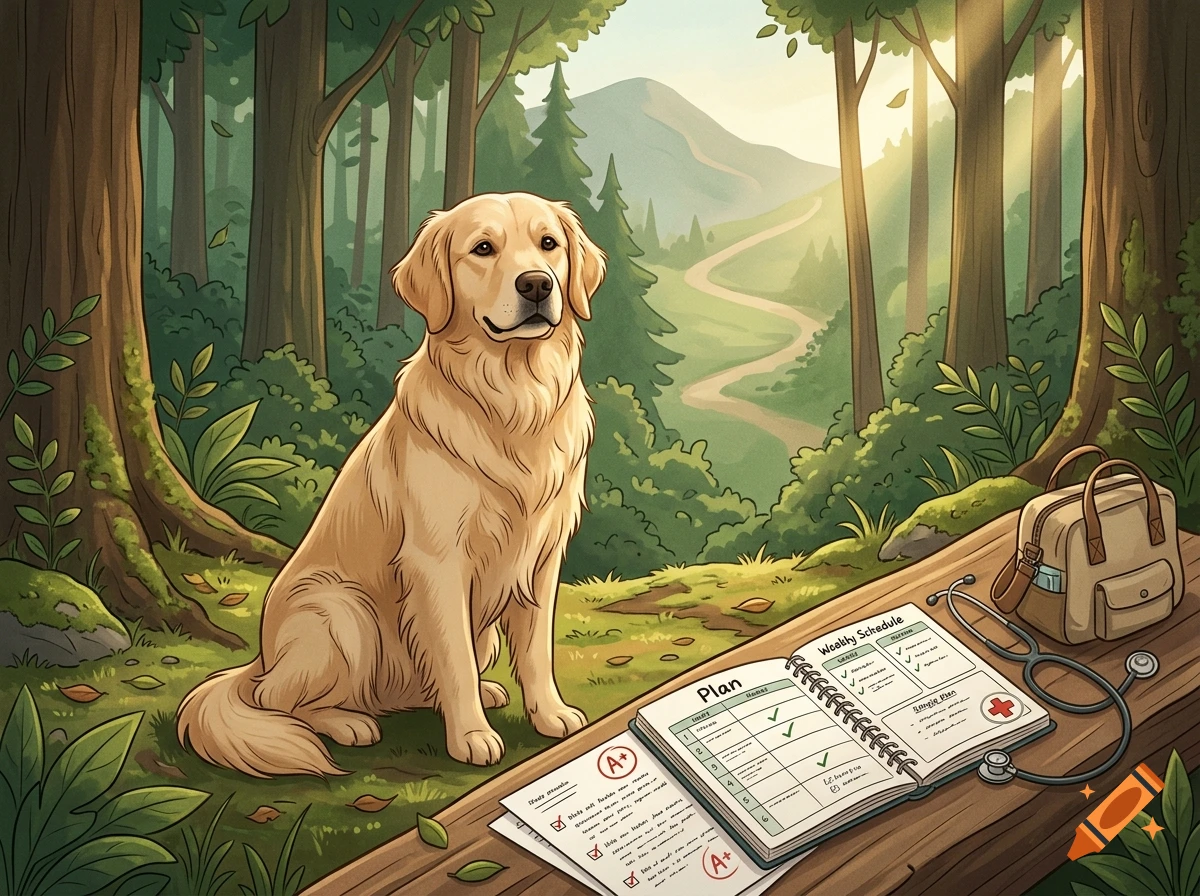 Digital illustration of a golden retriever sitting in a forest with a study plan, stethoscope, and backpack on a wooden bench.