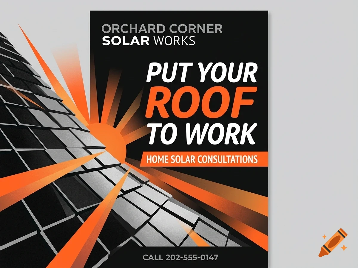 A poster advertisement for Orchard Corner Solar Works featuring a stylized roof and sun graphic with text reading PUT YOUR ROOF TO WORK.