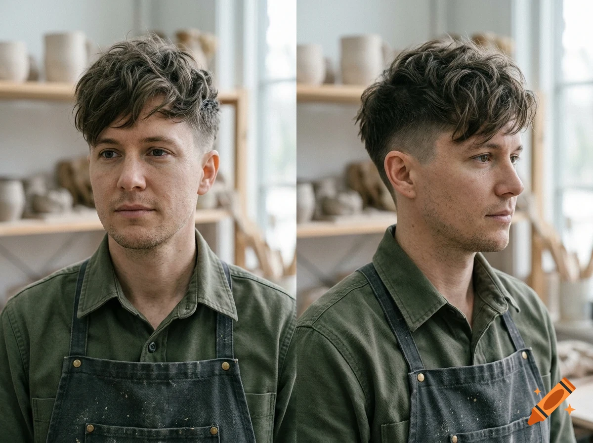 Two-angle portrait of a man with short textured hair and an undercut, wearing a green shirt and dark apron in a pottery studio.