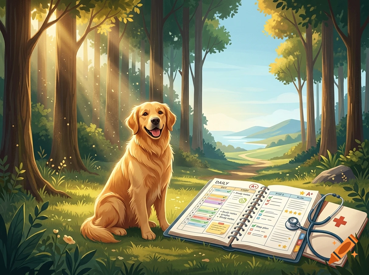 Digital illustration of a golden retriever sitting in a sunny forest next to an open planner and a stethoscope.