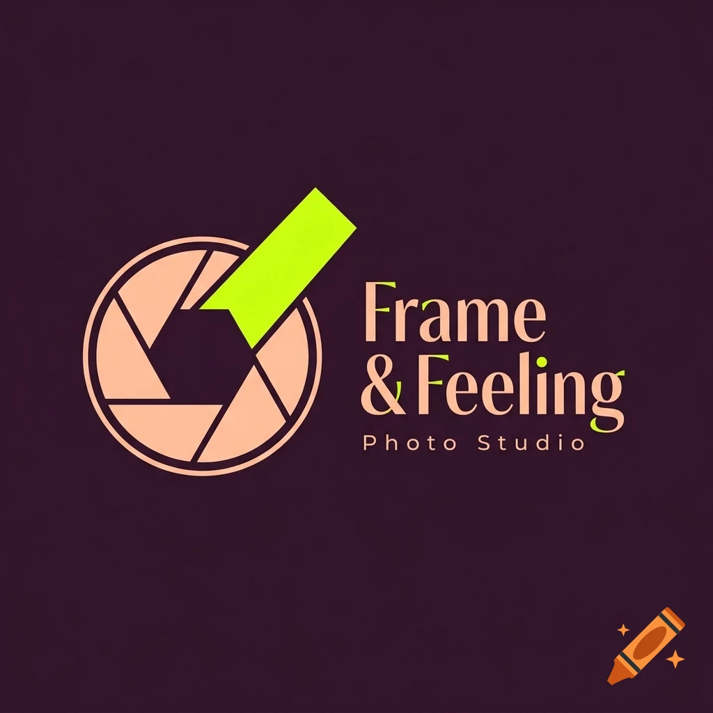 A logo for Frame & Feeling Photo Studio featuring a camera aperture icon with a bright green accent shape and text on a dark background.