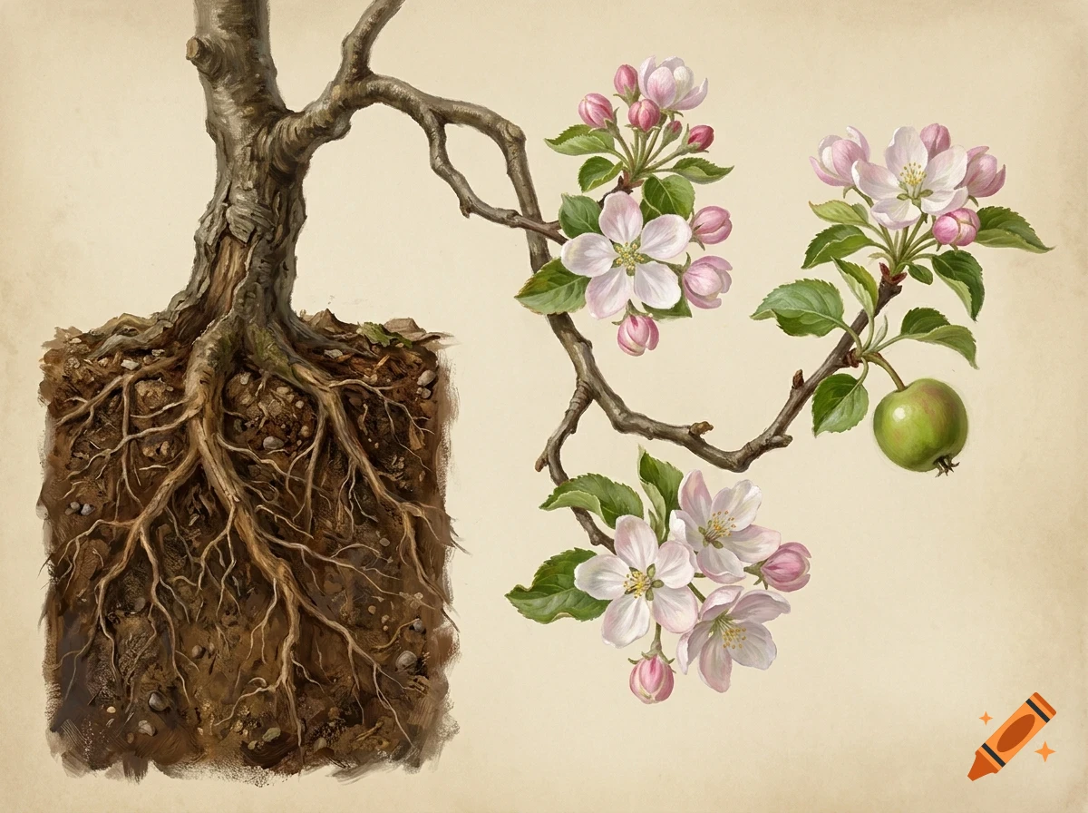 An illustrated botanical diagram showing an apple tree with pink flowers, green leaves, a small green apple, and a cross-section of its root system in soil.