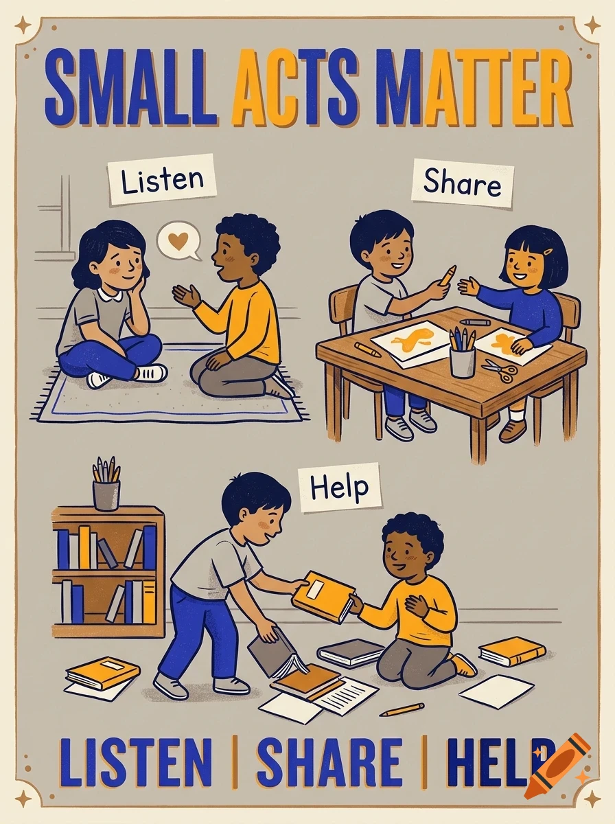 An illustrated poster with the text Small Acts Matter, showing children engaging in kind acts like listening, sharing, and helping.