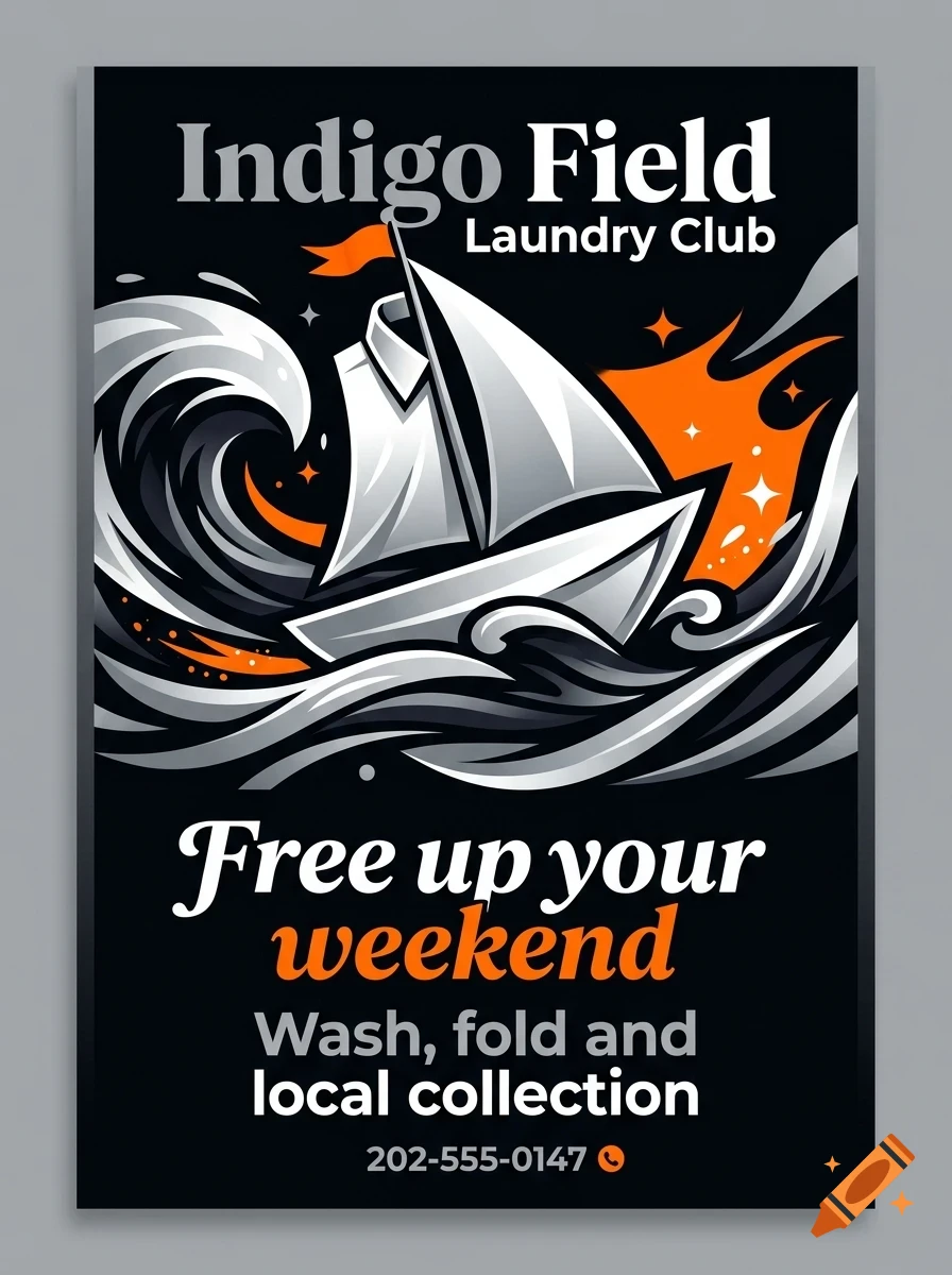 A poster with a stylized illustration of a sailboat on rough waves and text reading Indigo Field Laundry Club.