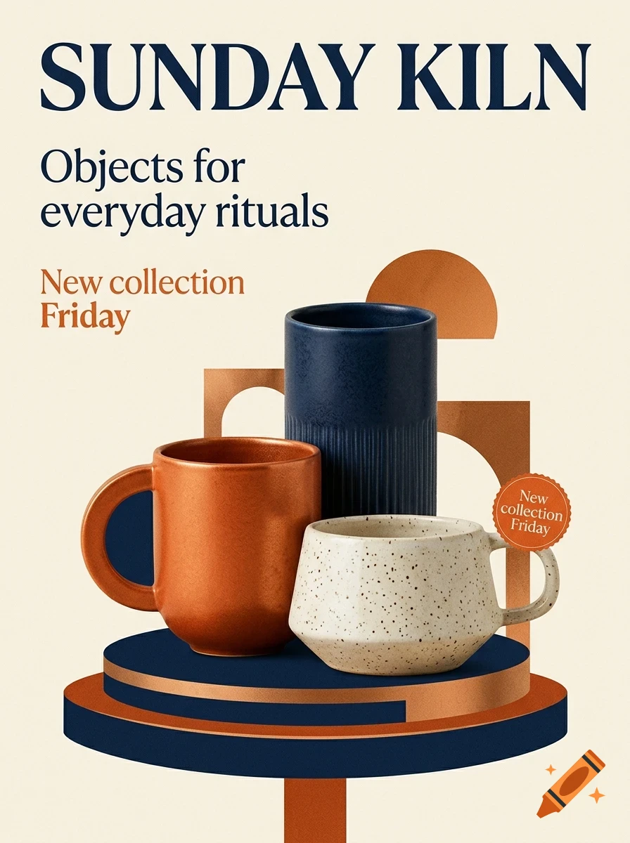 An advertisement for Sunday Kiln featuring ceramic mugs and abstract shapes with text reading 'Objects for everyday rituals' and 'New collection Friday'.