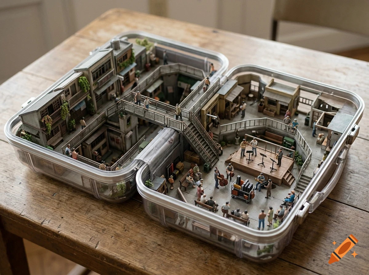 A miniature diorama of a multi-level town square with tiny buildings, walkways, and figurines, built inside an open plastic container.