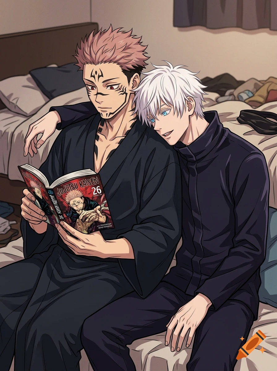 Anime style illustration of Ryomen Sukuna and Satoru Gojo sitting on a bed reading a manga.