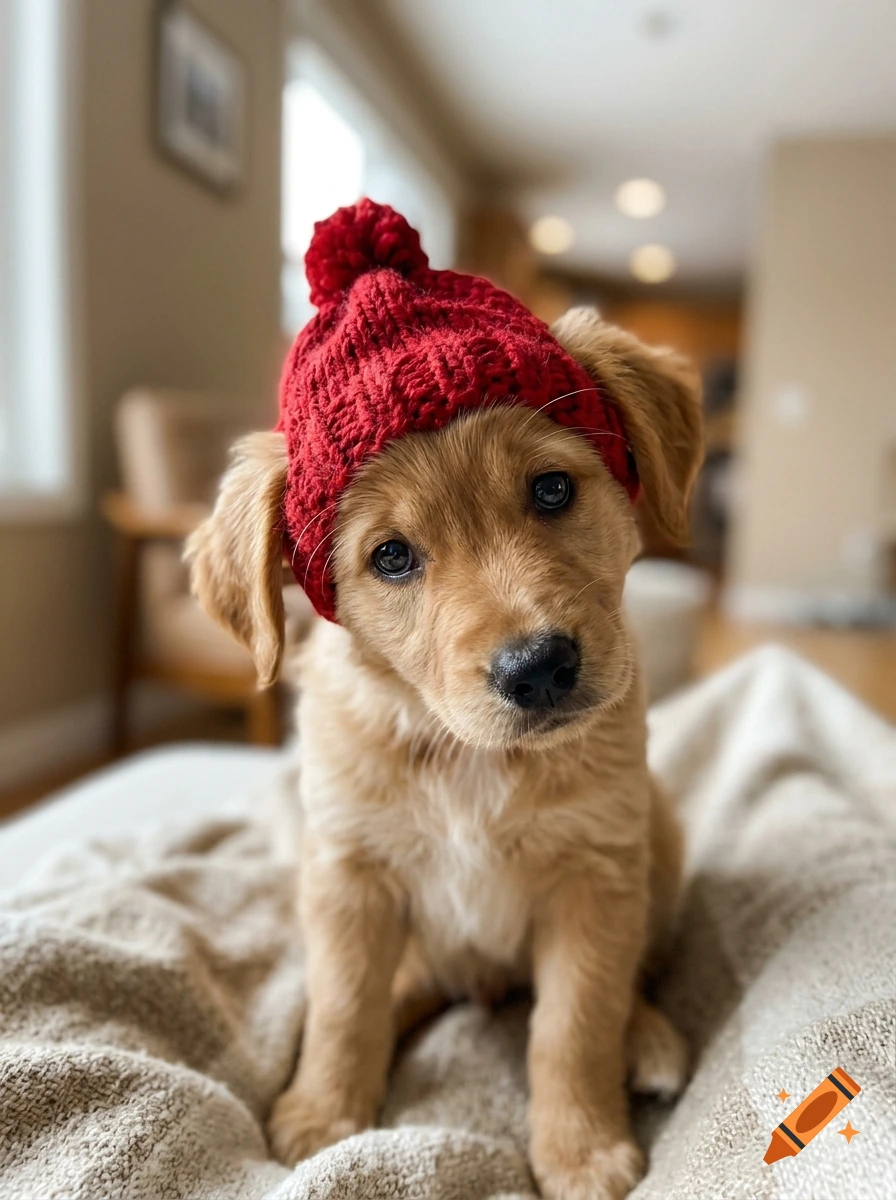 Close-up photorealistic image of a cute golden retriever puppy wearing a red knitted hat with a pom-pom, sitting on a soft blanket.