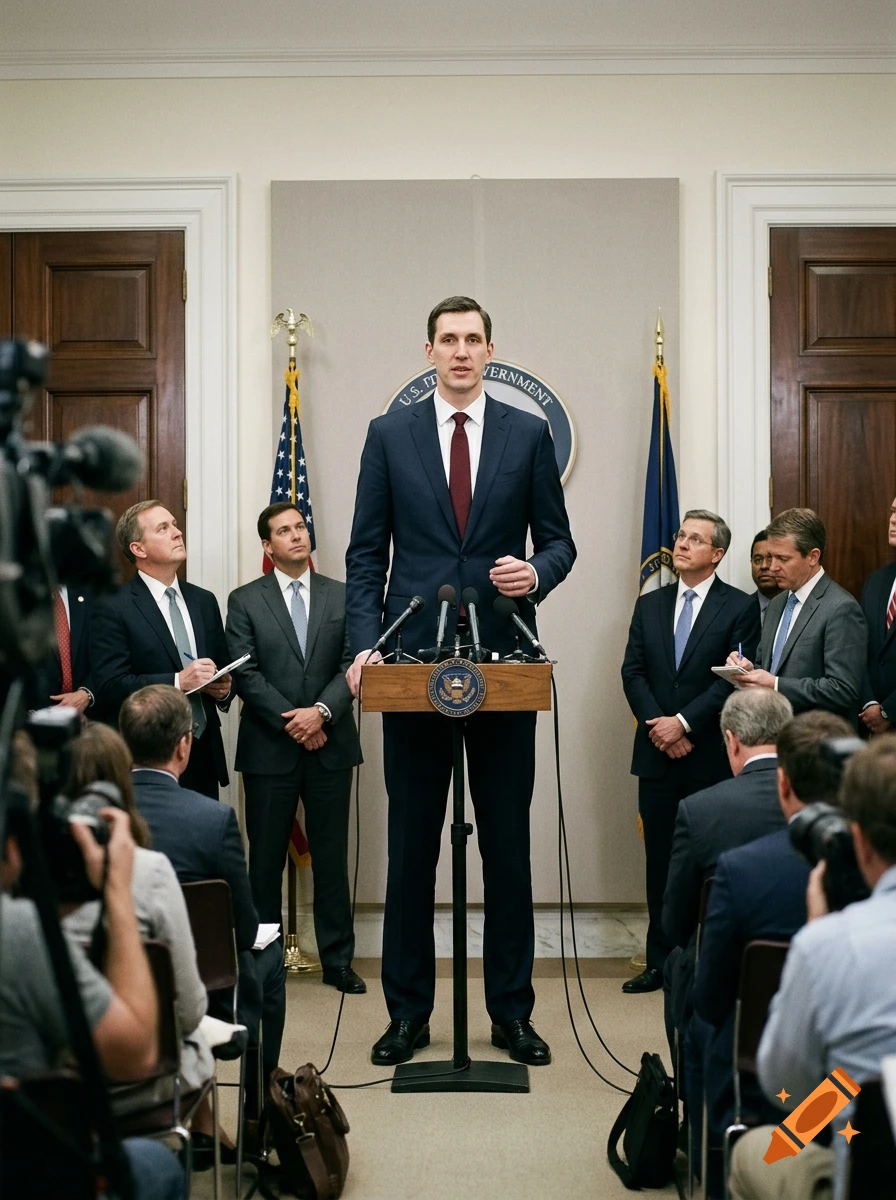 Photorealistic image of an unbelievably tall politician standing behind a podium speaking to a room of journalists and photographers.
