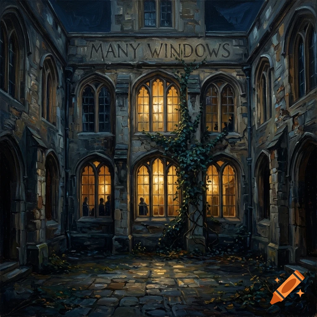 An oil painting of a gothic stone courtyard at night with glowing windows and the text 'MANY WINDOWS' carved above.