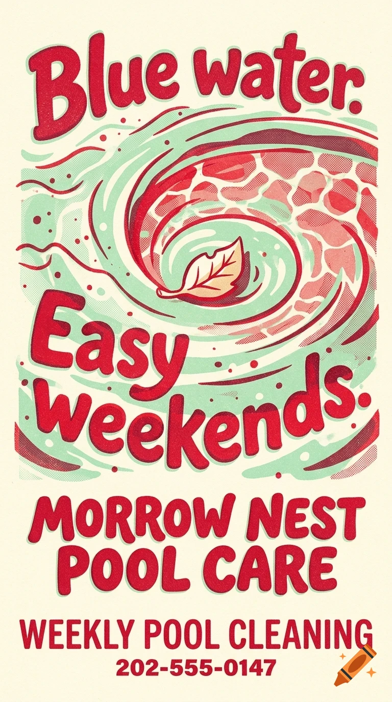 An illustrated poster with red lettering reading Blue water. Easy weekends. MORROW NEST POOL CARE, featuring a swirl of water and a floating leaf.