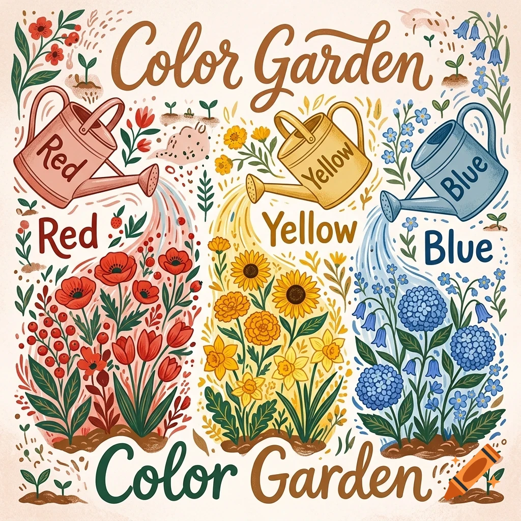 An illustrated garden design with the text 'Color Garden', featuring three watering cans in red, yellow, and blue pouring streams of matching colored flowers.