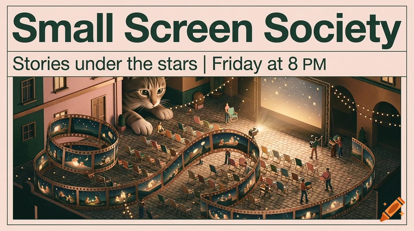 An outdoor cinema screening with a giant cat watching, rows of chairs, and film strips curving around the audience under a starry sky.