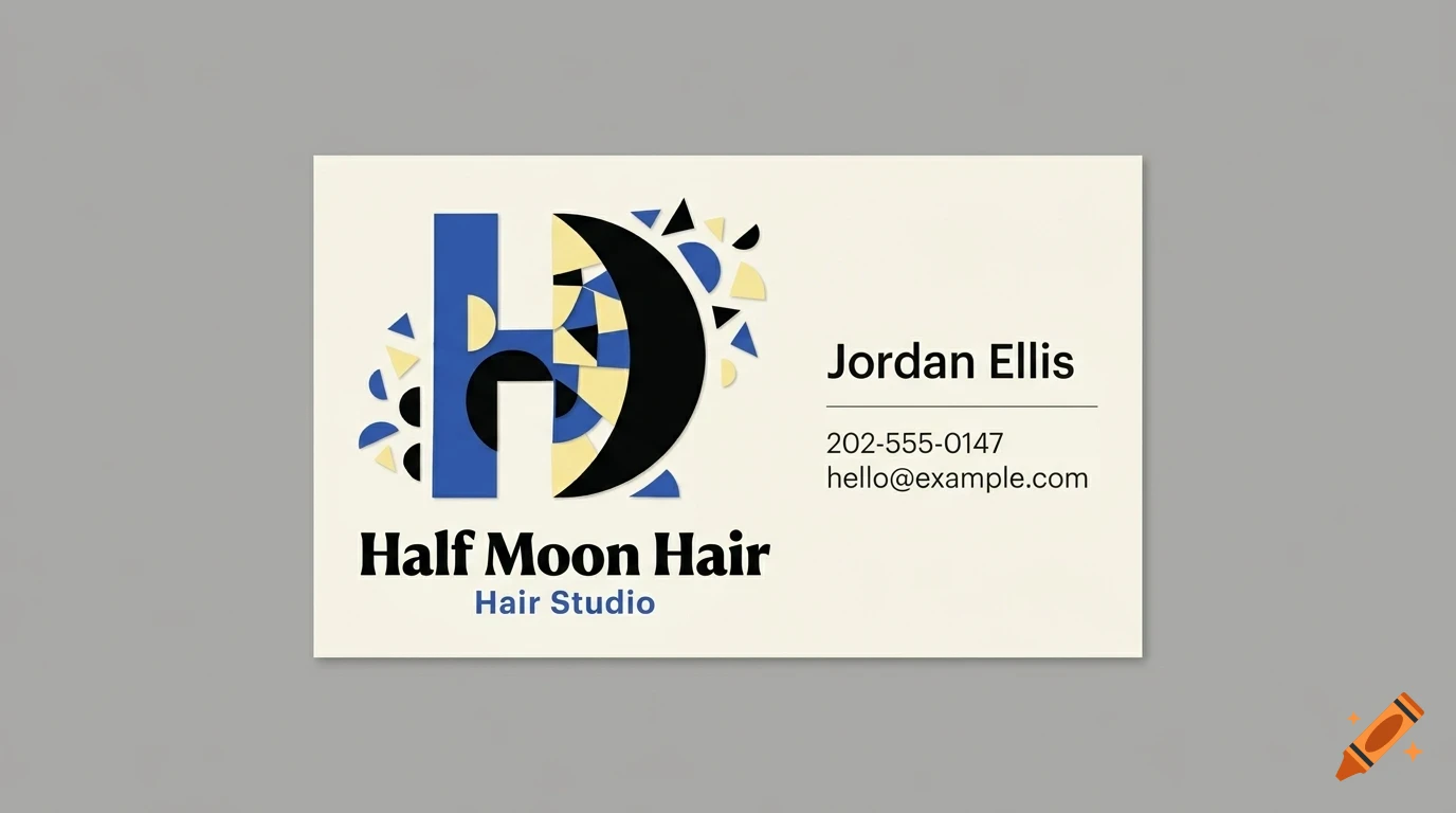A business card for Half Moon Hair featuring abstract geometric shapes forming a logo, along with the name Jordan Ellis and contact details.
