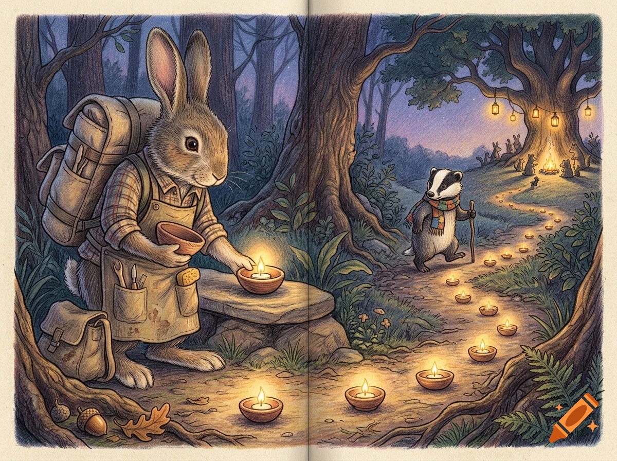 An anthropomorphic rabbit with a backpack and apron lights small candles along a forest path, while a badger walks toward a glowing tree where other animals are gathered.