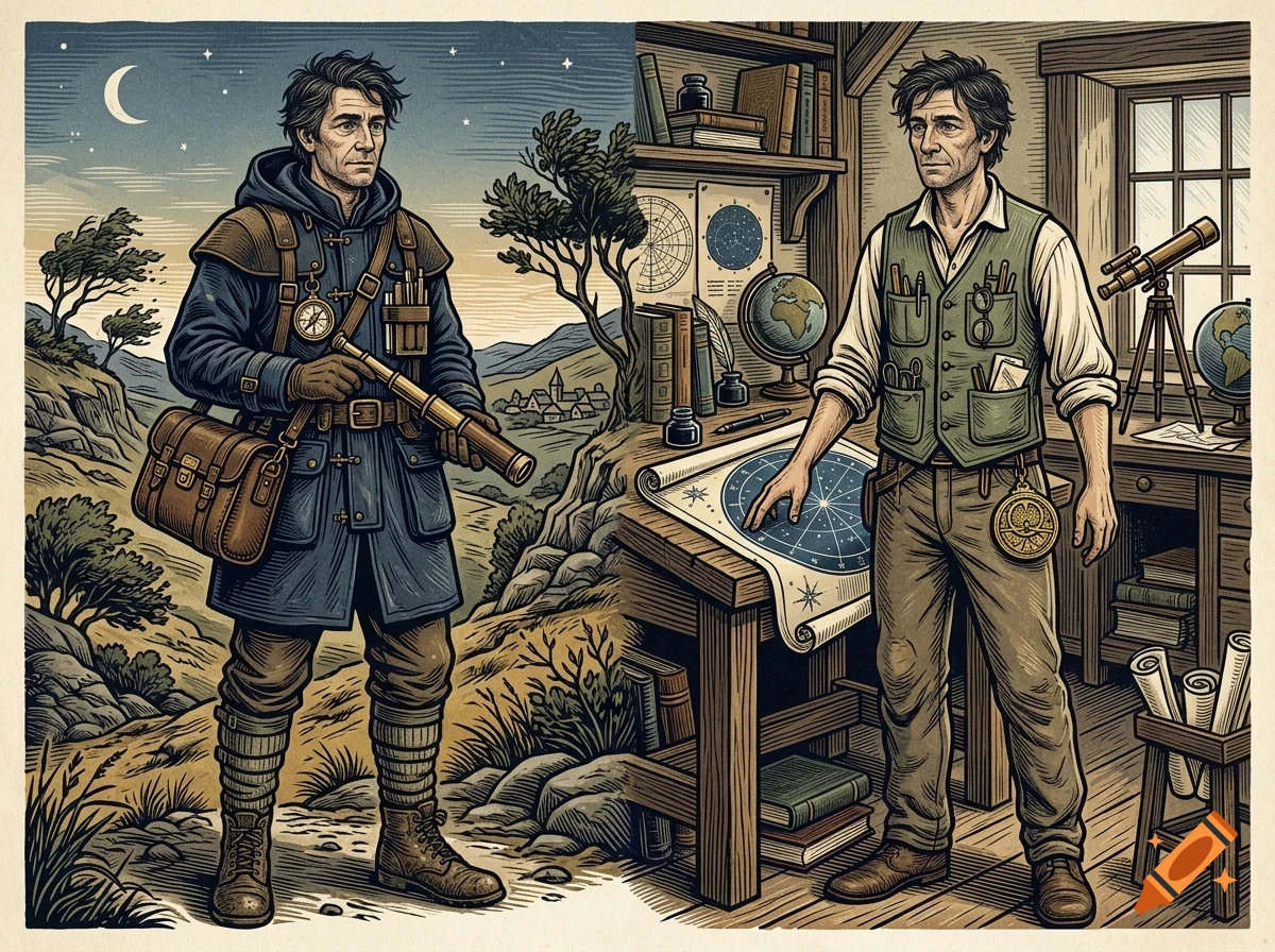Split-screen illustration showing a man outside with a telescope and satchel under a starry sky on the left, and inside a study reviewing star maps on the right.