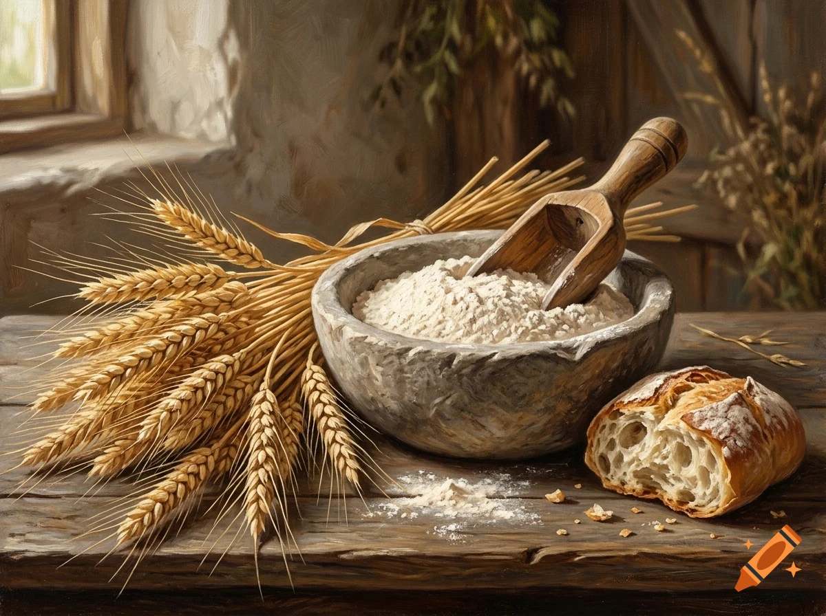 An oil painting of a rustic wooden table with a bowl of flour, a wooden scoop, a bundle of wheat stalks, and a crusty loaf of bread.