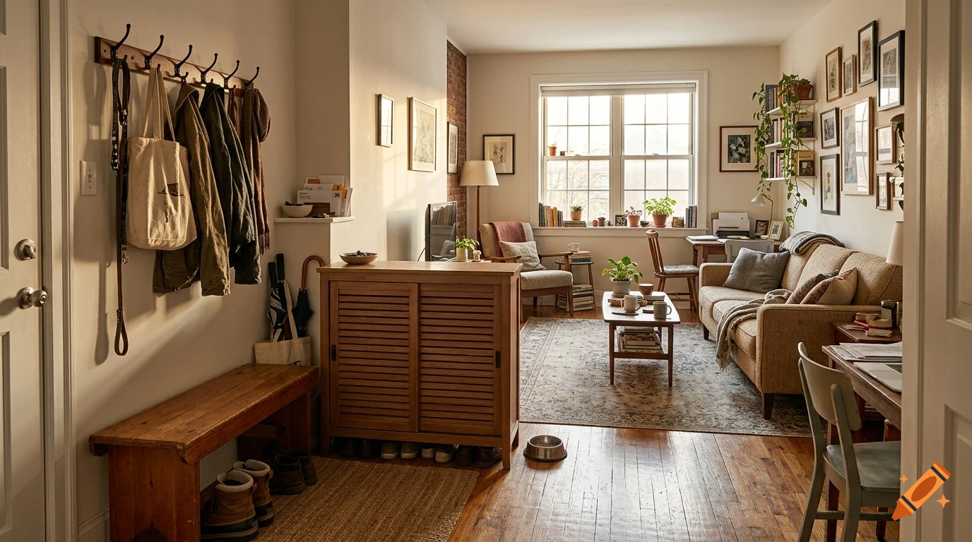 An interior view of a cozy, sunlit living room and entryway with a wooden bench, coat hooks, couch, and a window.