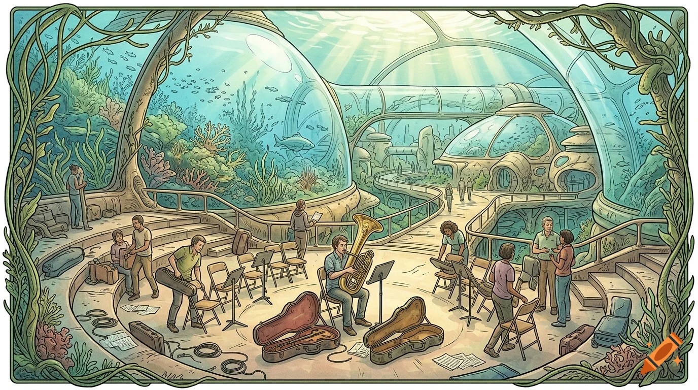 An underwater city with dome-shaped habitats, aquatic life, and a group of musicians practicing with instruments inside a large hall.