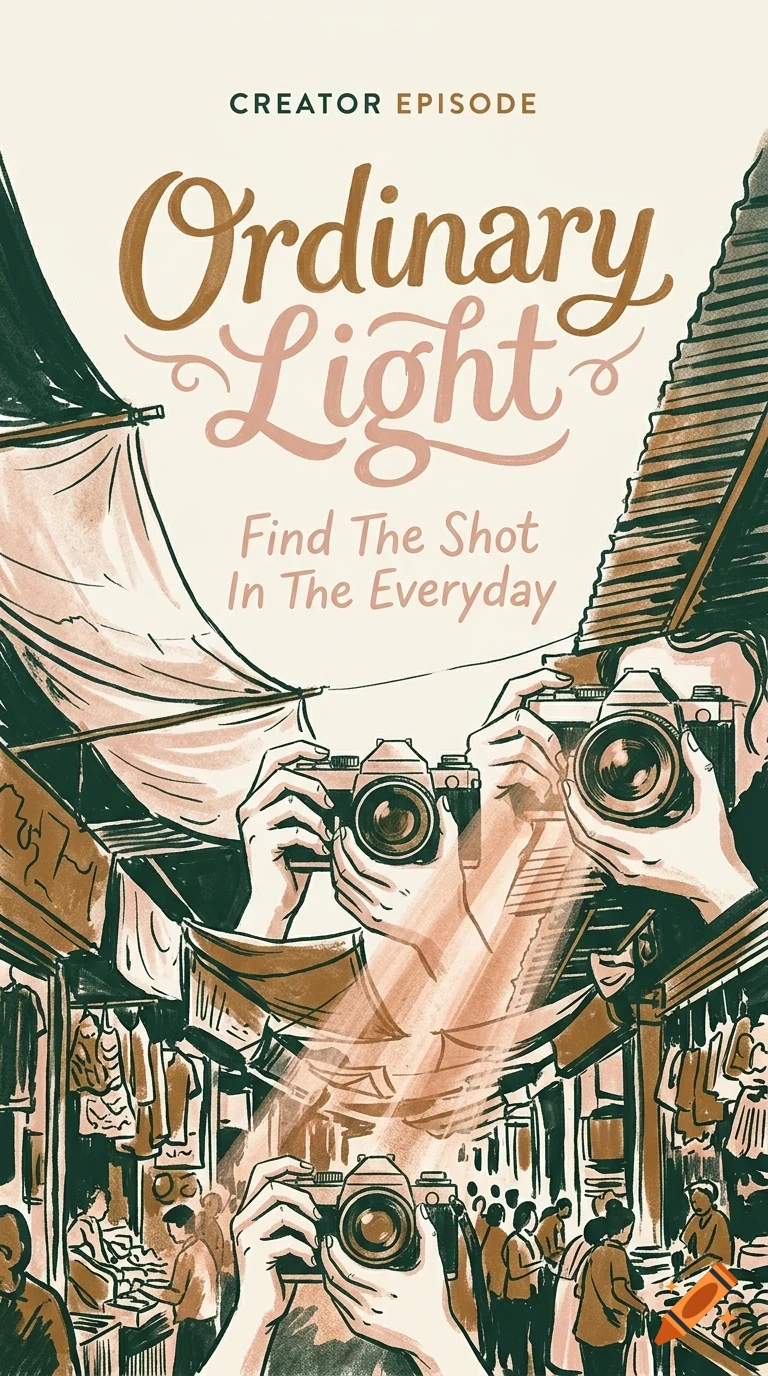 An illustration showing people in a street market holding up cameras to take photos, with the text 'Ordinary Light' and 'Find The Shot In The Everyday'.
