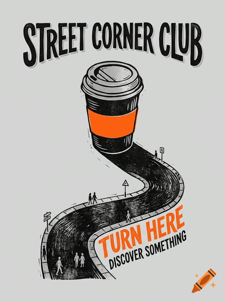 An illustration of a takeaway coffee cup acting as the end of a winding street with small pedestrians walking along it, accompanied by the text Street Corner Club and Turn Here, Discover Something.
