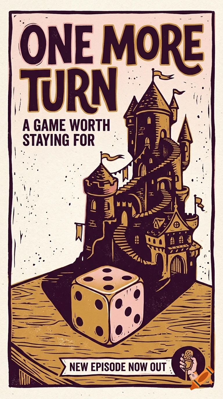 An illustrated poster featuring a castle and a die on a table, with text that reads ONE MORE TURN.