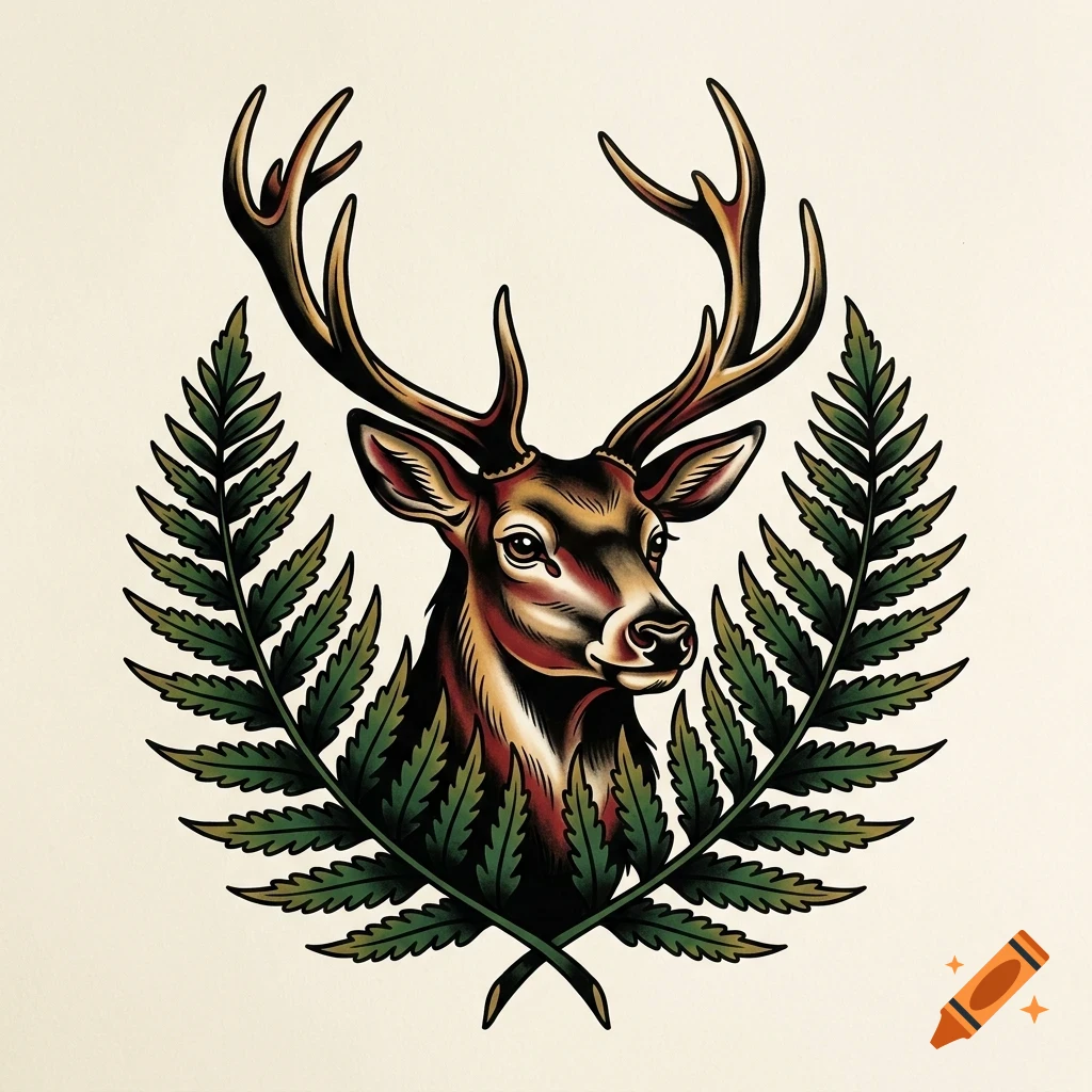 An illustrated tattoo-style design featuring a deer head with large antlers framed by two green fronds.