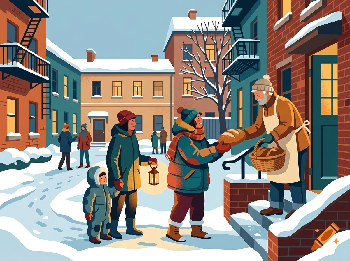 An elderly baker hands a loaf of bread to a person in winter clothing on a snowy city street, with other people and brick buildings in the background.