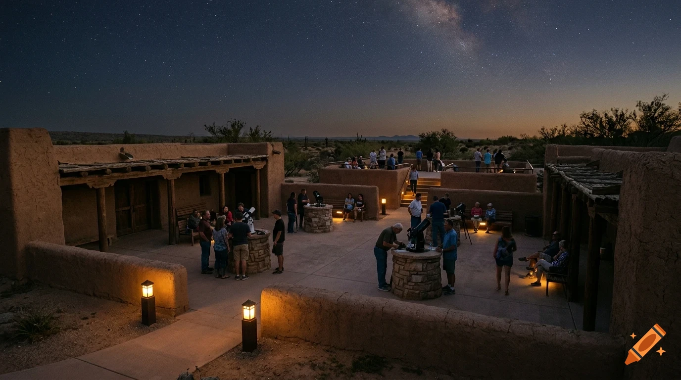 People gathered in an adobe courtyard at night, observing the starry sky and Milky Way with telescopes.