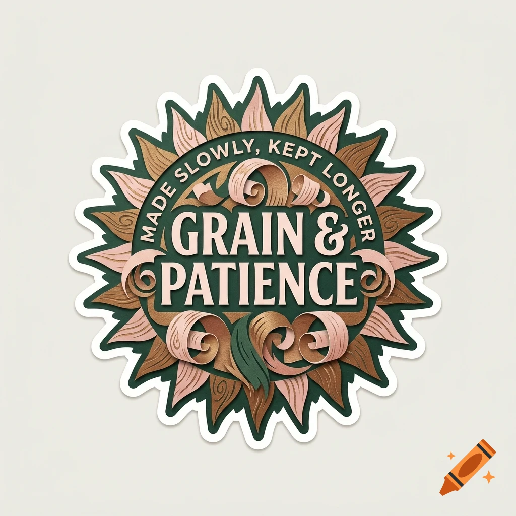 A round sticker featuring the text 'Grain & Patience' and 'Made slowly, kept longer' surrounded by stylized wooden curls and flower-like petals.