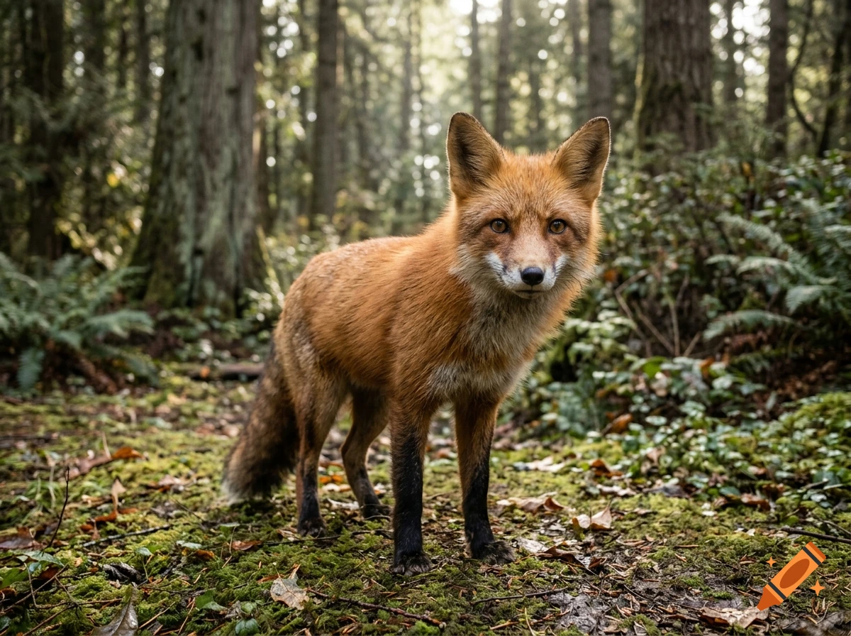 Photorealistic image of a red fox standing on mossy ground in a dense forest.
