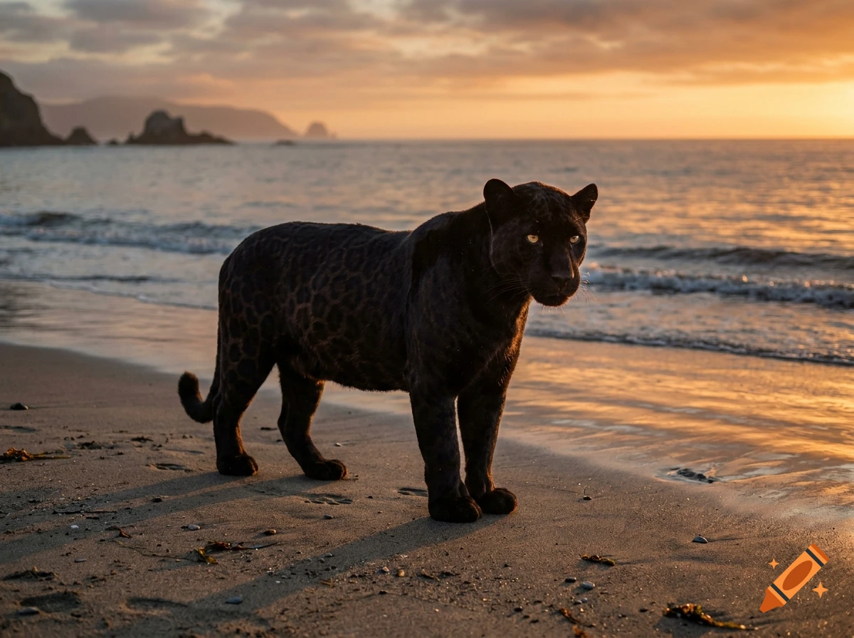 A photorealistic black panther standing on a sandy beach during a vibrant orange sunset over the ocean.