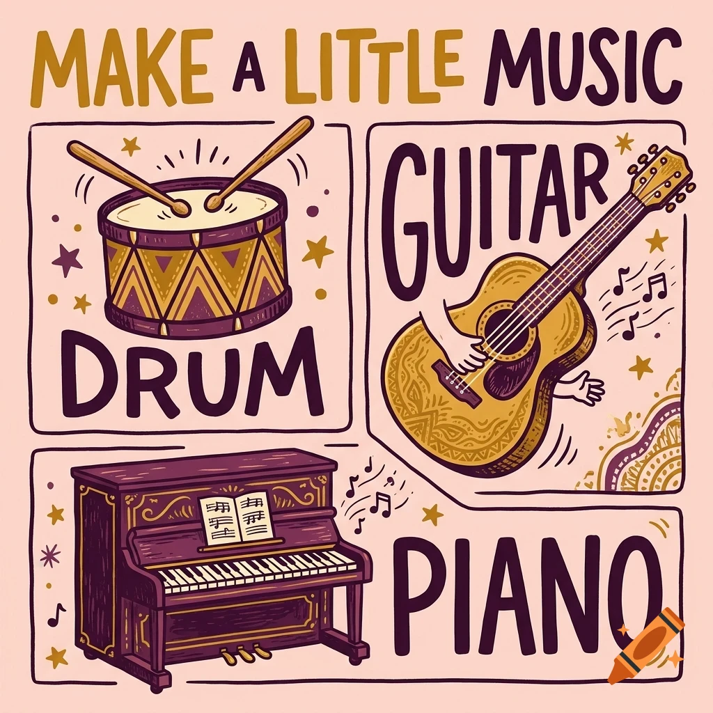 An illustrated poster with the text MAKE A LITTLE MUSIC, featuring a drum, a guitar, and a piano with corresponding labels.