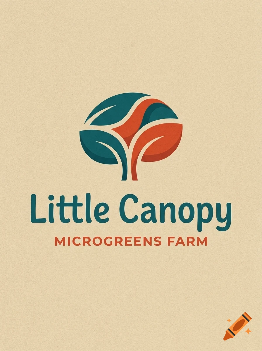 A logo featuring a stylized tree graphic with teal and orange leaves above the text Little Canopy Microgreens Farm on a beige background.