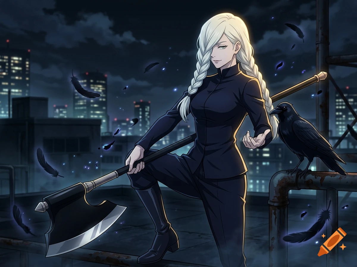 Anime style illustration of a woman with long white braided hair holding a battle axe on a rooftop at night with a crow.